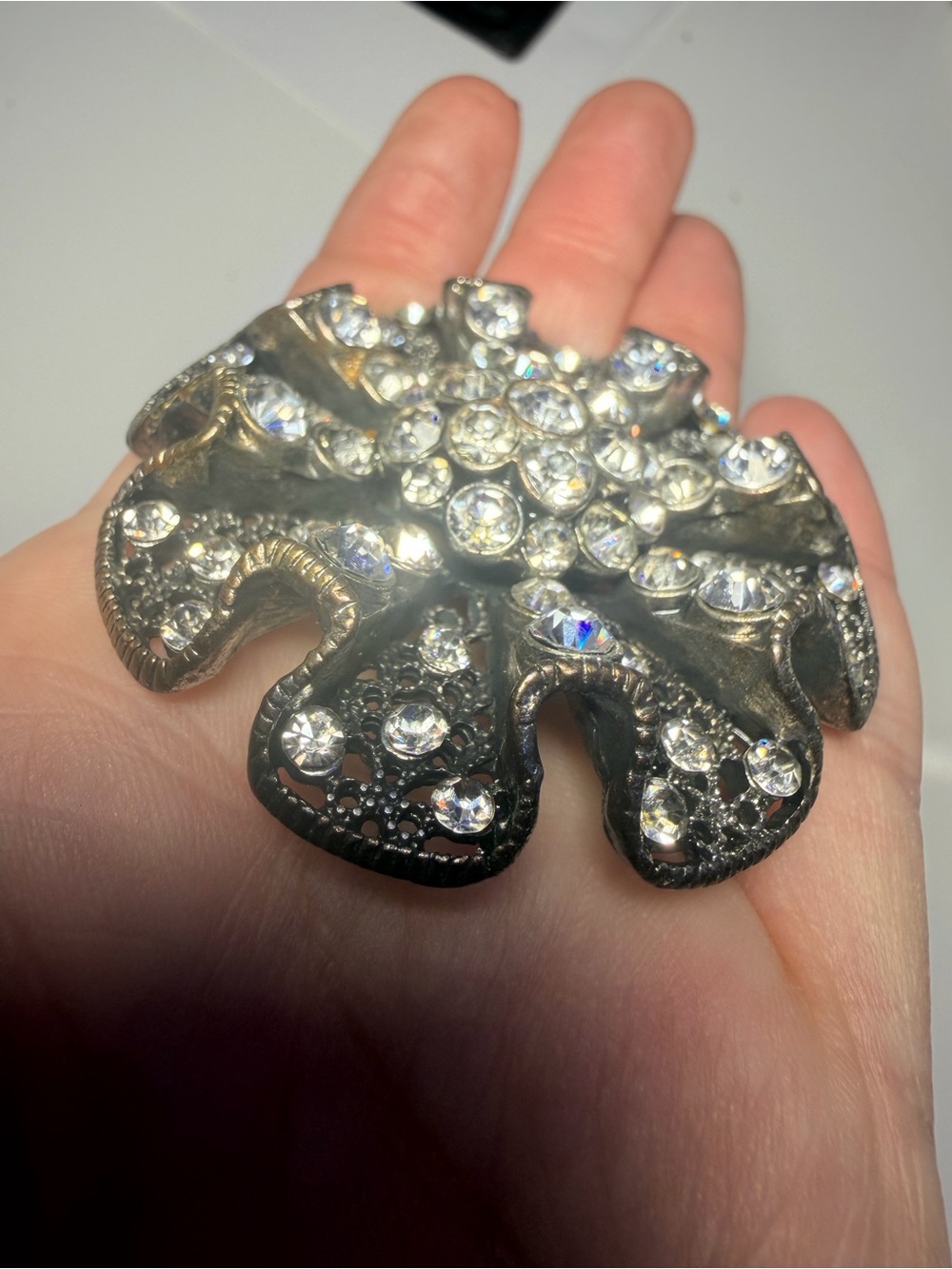 Rhinestone Floral Statement Brooch - Silver Tone - Picture 7 of 8